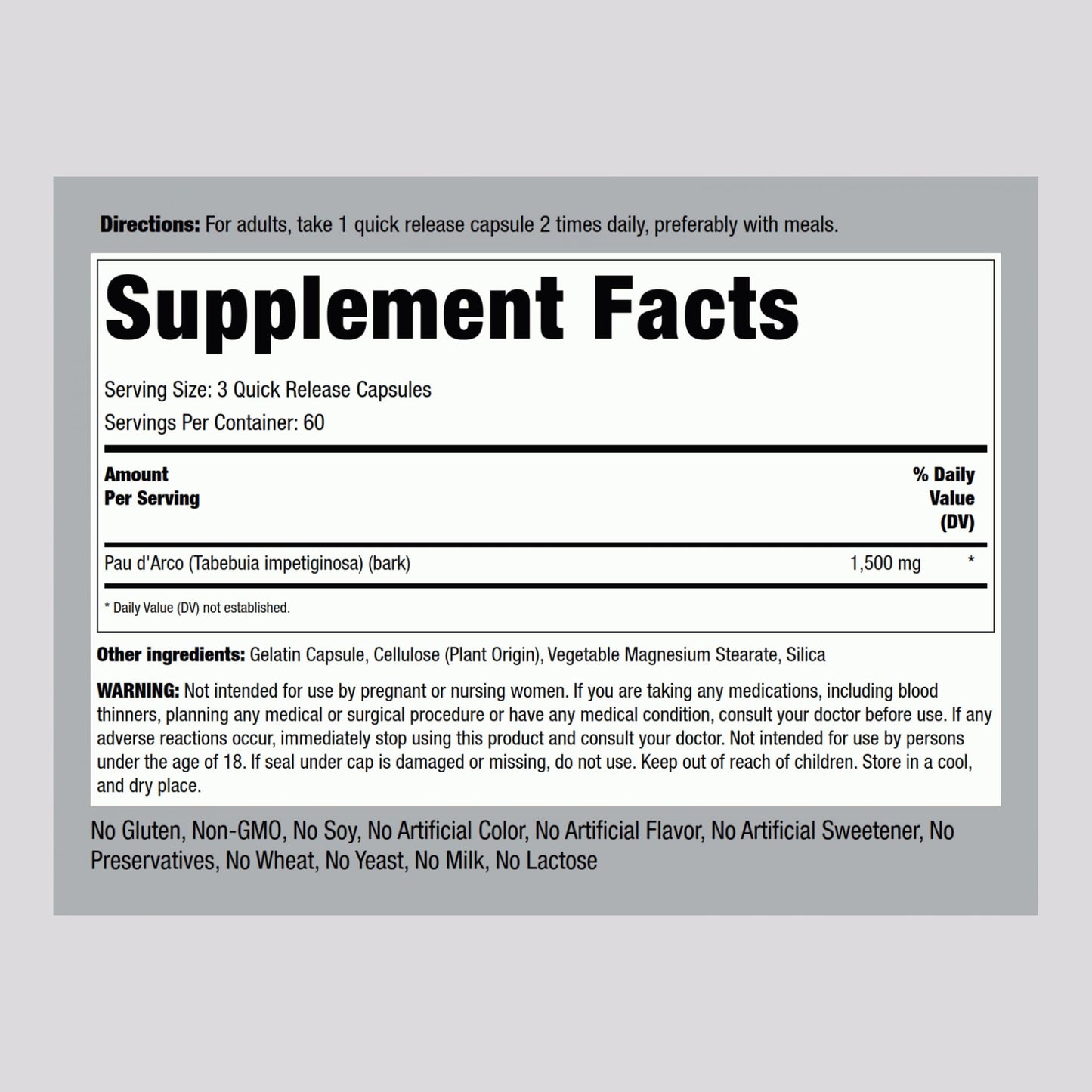 Piping Rock Pau D'Arco Capsules, 180 Count, Non-GMO, Gluten Free