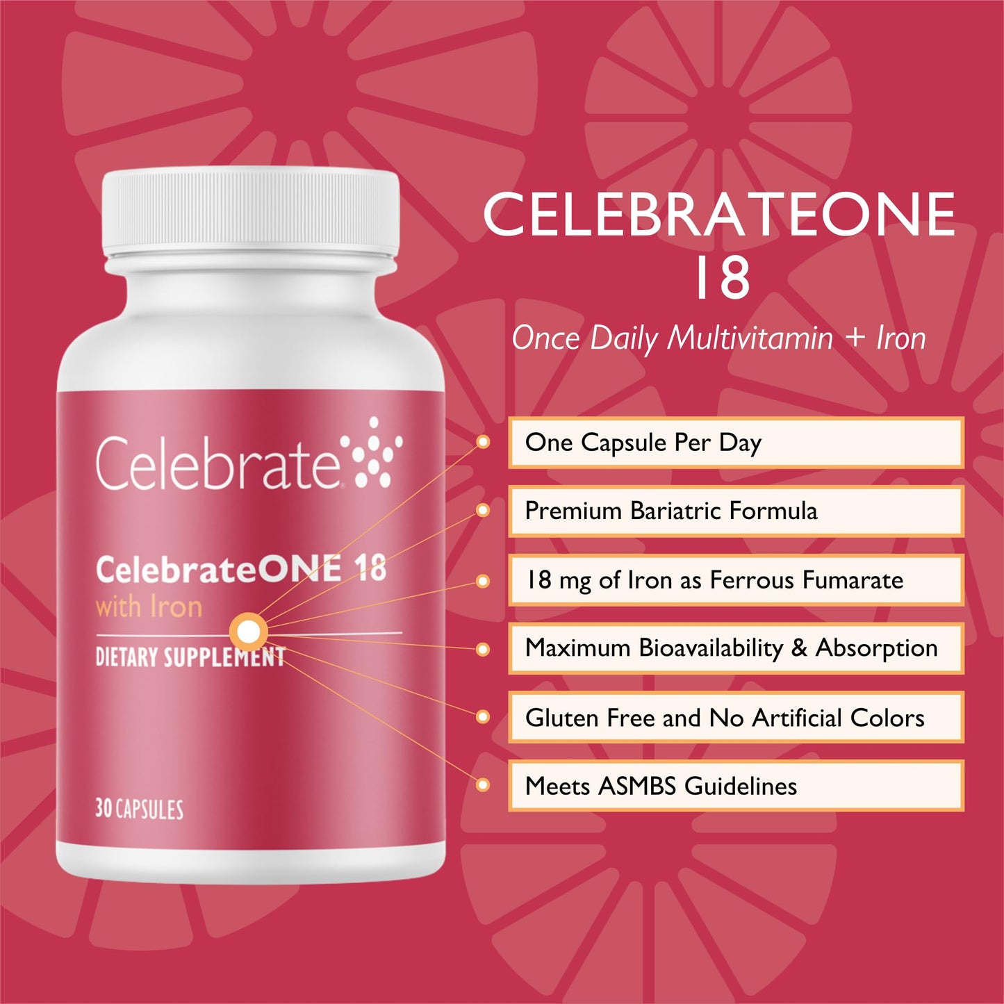 Celebrate Bariatric Supplements CelebrateONE 18, 18mg Iron - Once Daily Bariatric Multivitamin Capsule, 30 Capsules