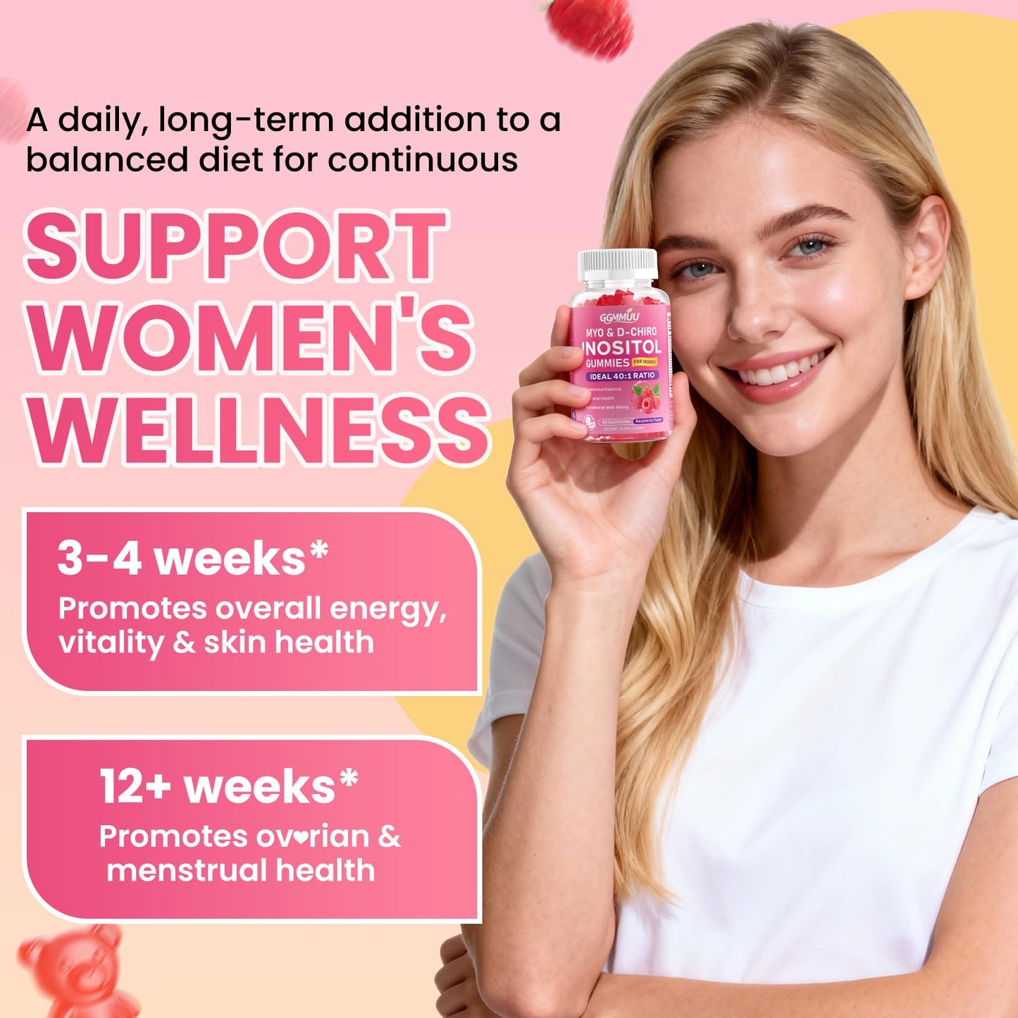 GGMMUU Myo-Inositol & D-Chiro Inositol Gummies for Women 2000mg + 50mg Ideal 40:1 Ratio with Vitamin D3, Magnesium Glycinate, Folate & Zinc for Female, Raspberry Flavor, 60 Count