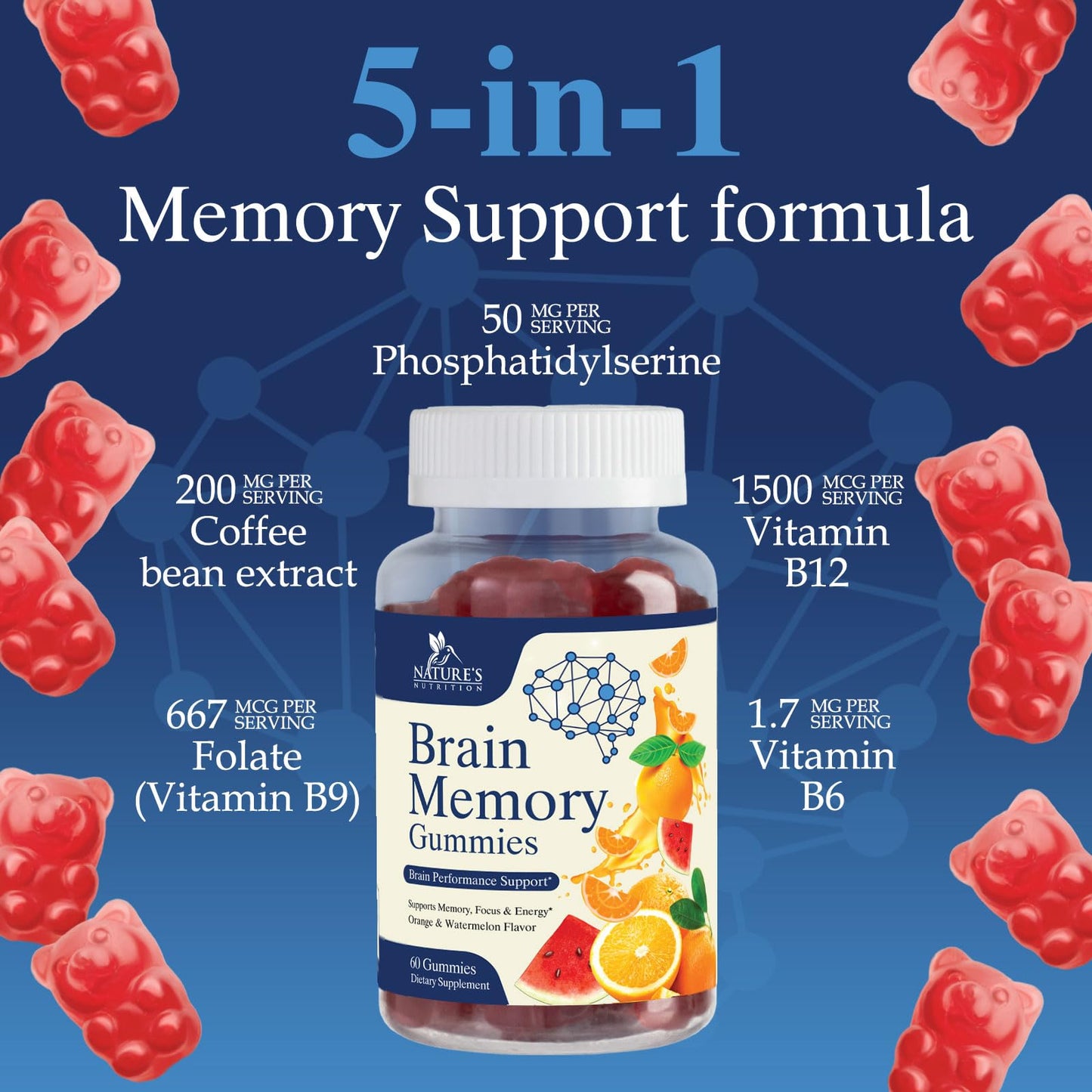 Nature's Nutrition Brain Supplements Gummies 3X Strength Nootropics for Memory, Focus, Concentration with Phosphatidylserine, B6, B12 - Clarity Support - 60 Gummies