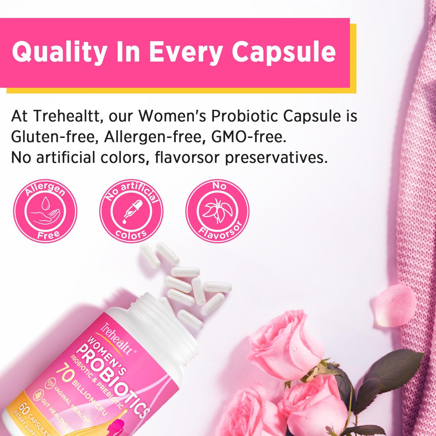 Trehealtt Vaginal Probiotics Capsule, 70 Billion CFUs, PH Balance with Probiotic & Prebiotic, 60 Count