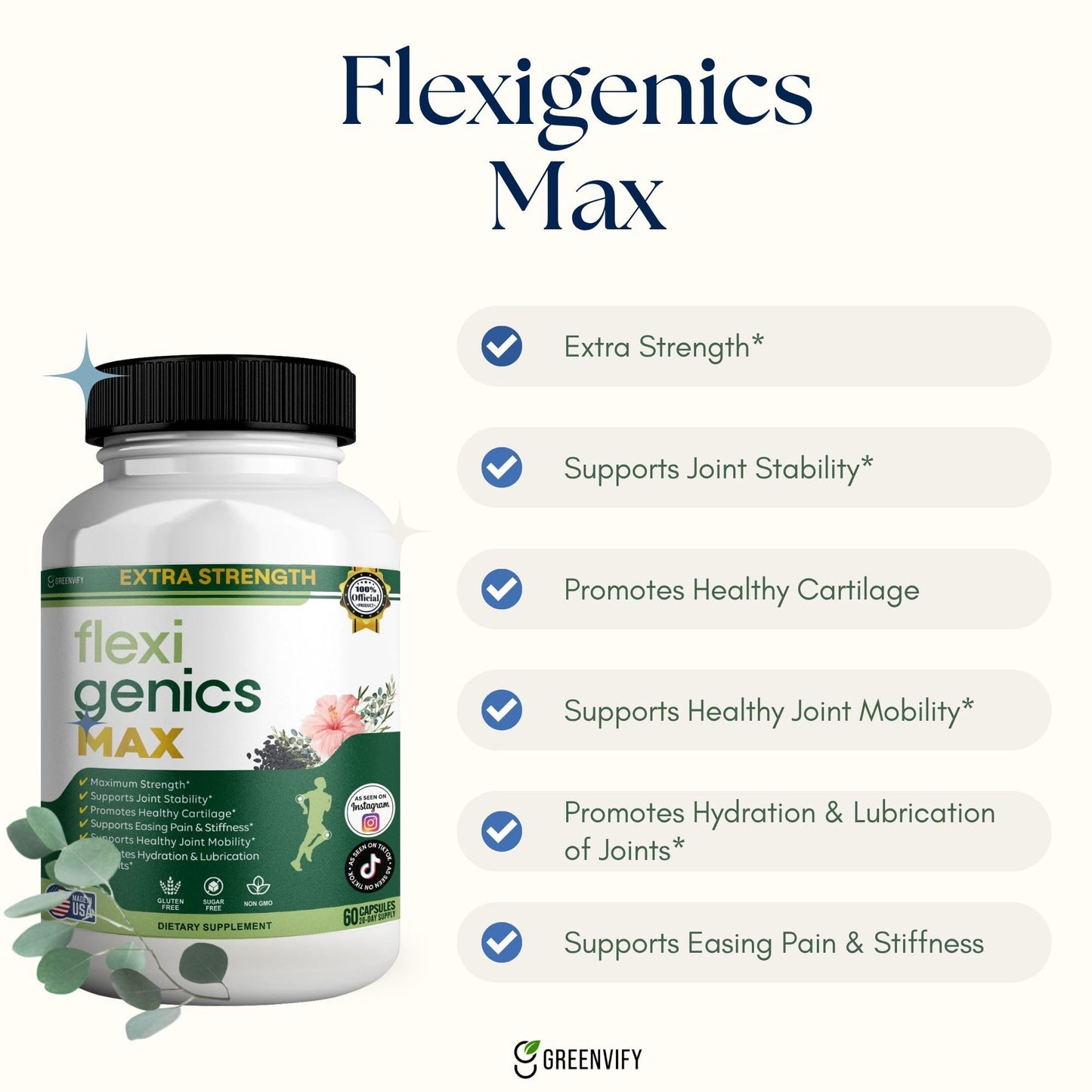 GREENVIFY Flexigenics Max Extra Strength Joint Support Supplement Capsule, 300 Capsules