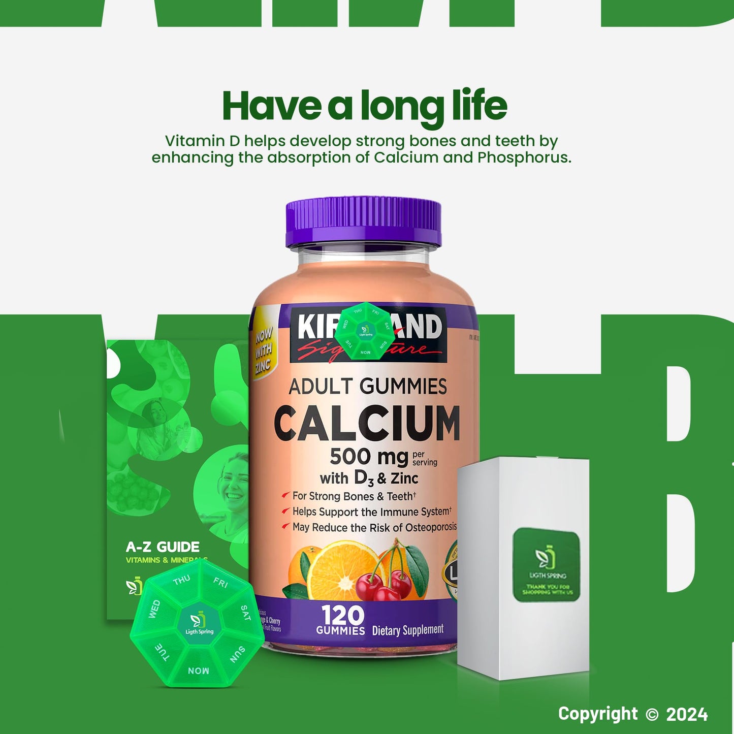 LightSpring Calcium Gummies 500 mg with D3 & Zinc, 120 Gummies