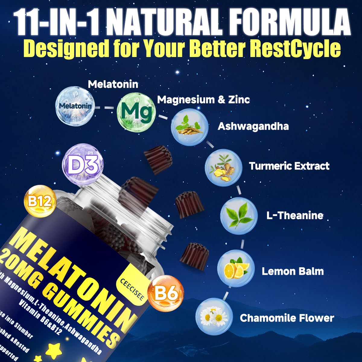 Ceecisee Melatonin 20mg Extra Strength 11-In-1 with Ashwagandha Magnesium L-Theanine Chamomile Vitamin B6 B12 Sugar Free Vegan Zzz Aid, 120 Gummies