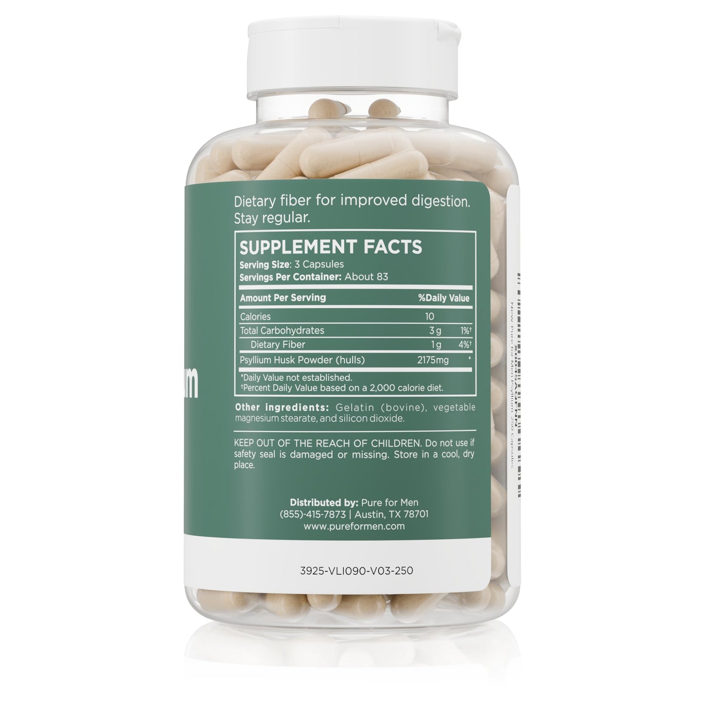 Pure for Men Daily Psyllium Husk Fiber Supplement Capsule, 250 Capsules