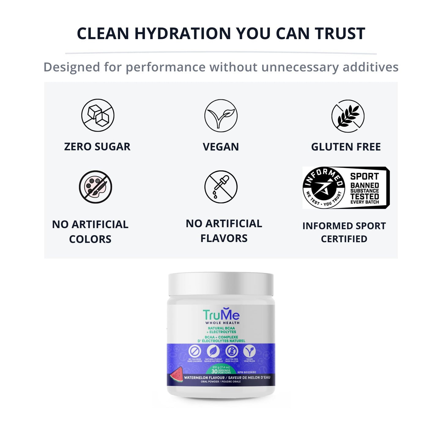 TruMe Whole Health BCAA Powder with Electrolytes Informed Sport Certified, 2:1:1 Ratio (2.25g Leucine), Clean Amino Recovery, No Sugar, No Artificial Colors, Watermelon, 7.4