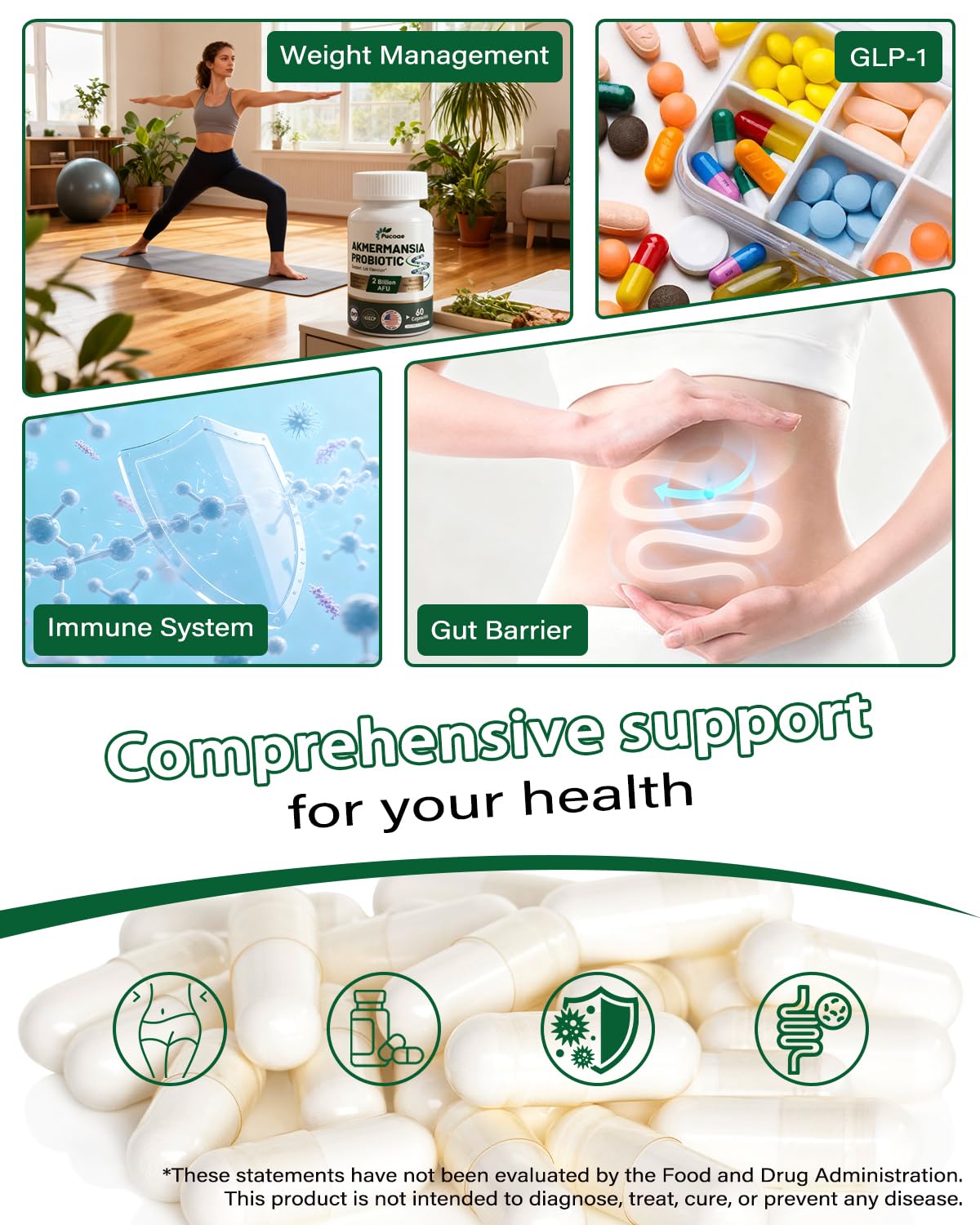 Pucoae Akkermansia Probiotic Supplement – 2 Billion AFU, Delayed Release, Gluten-Free, Gut Health & Microbiome Balance, Weight & Wellness Support for Men and Women, 60 Capsules