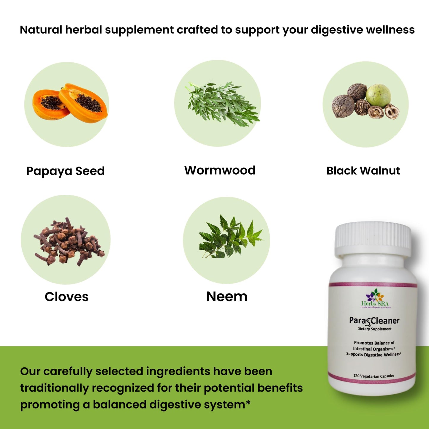 Herbs SRA ParasCleaner Digestive Balance Supplement with Papaya Seed, Wormwood, Black Walnut, Clove & Neem Supports Digestive Wellness 120 Capsules