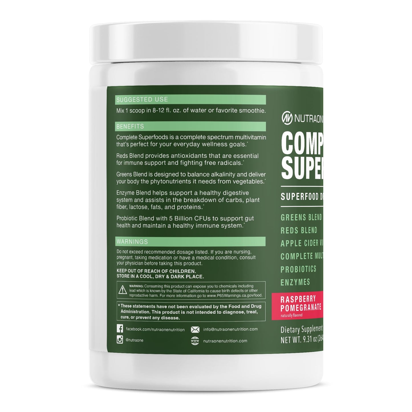 NutraOne Complete Superfoods, Greens & Reds Blend, Apple Cider Vinegar, Digestive Enzyme Blend, Probiotic Blend, Multivitamin Powder 9.31 oz