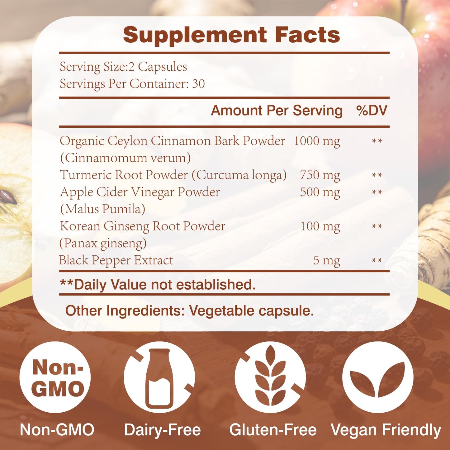 Generic Ceylon Cinnamon Capsules 2355mg, Apple Cider Vinegar with Turmeric Panax Ginseng Cinnamon Supplements, 60 Count