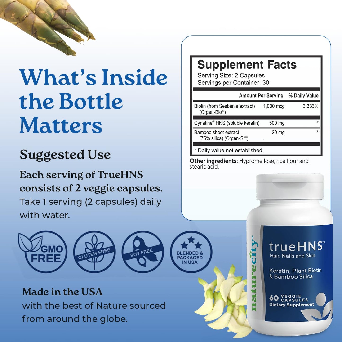 NatureCity True-HNS Hair Nails and Skin Cynatine Keratin and Plant Based Biotin Vitamin Supplement Capsules 60 Veggie Capsules Non-GMO