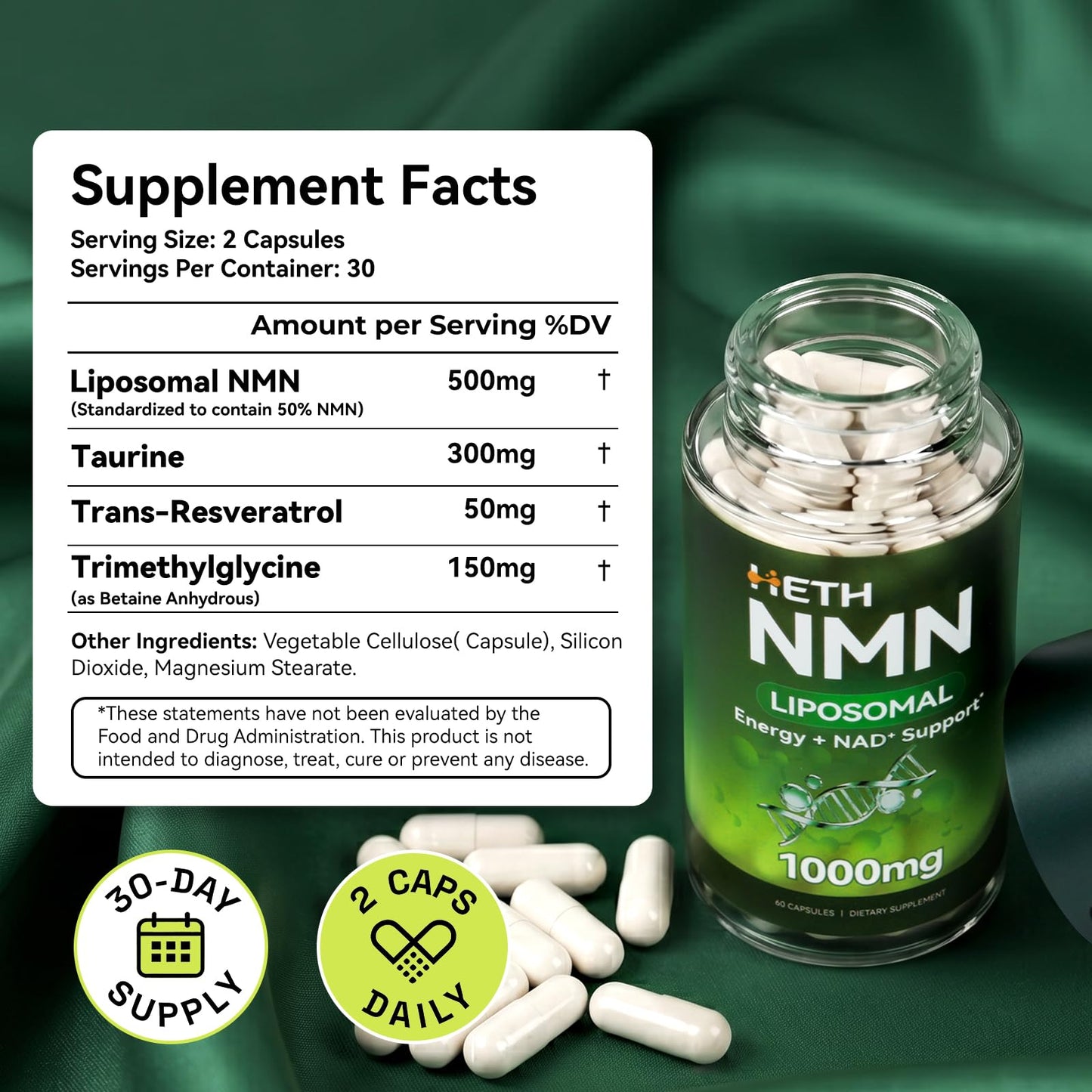 Heth Liposomal NMN Capsule 1000mg, 4-in-1 NAD+ Precursor Supplement, 60 Count