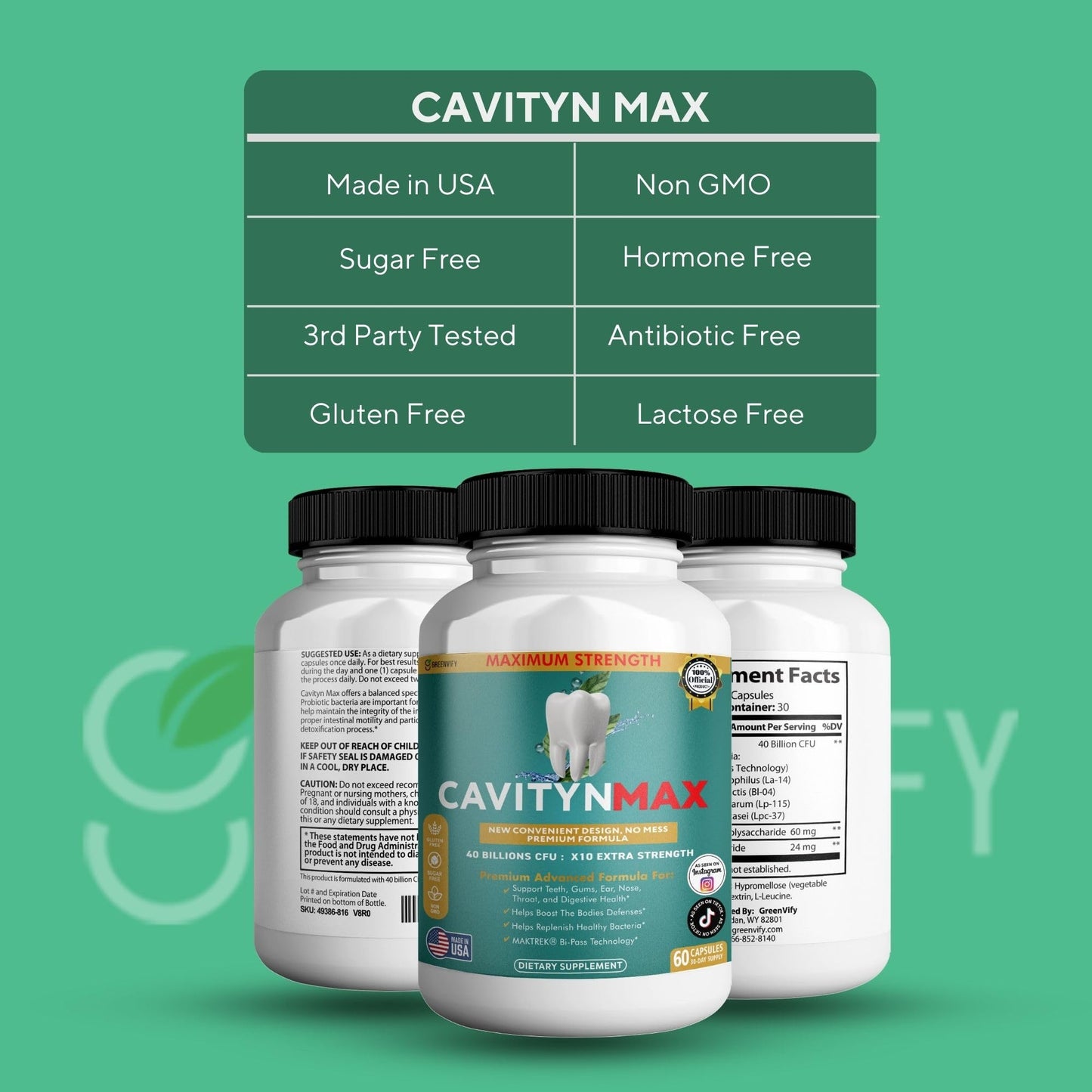 GREENVIFY Cavityn Max Probiotic Supplement 40 Billion CFU Capsule, 60 Capsules