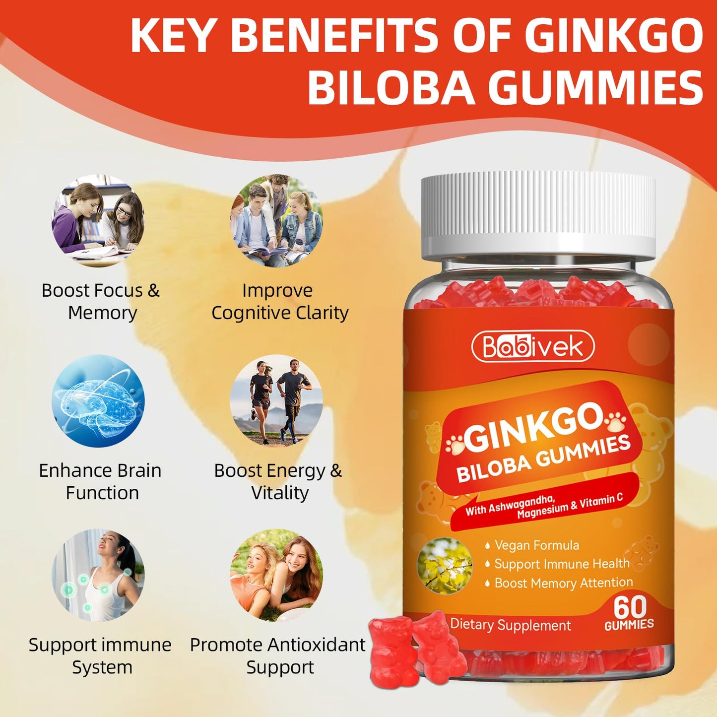 Babivek Ginkgo Biloba Gummies with Ashwagandha, Vitamin C & Magnesium, 120 Count