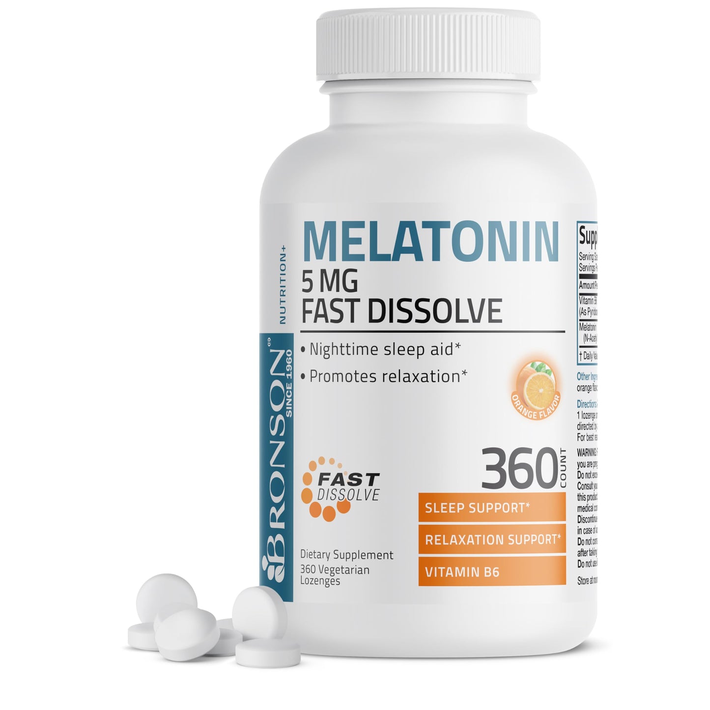 Bronson Melatonin Lozenge 5 mg Fast Dissolve Orange Flavor with Vitamin B6, 360 Lozenges