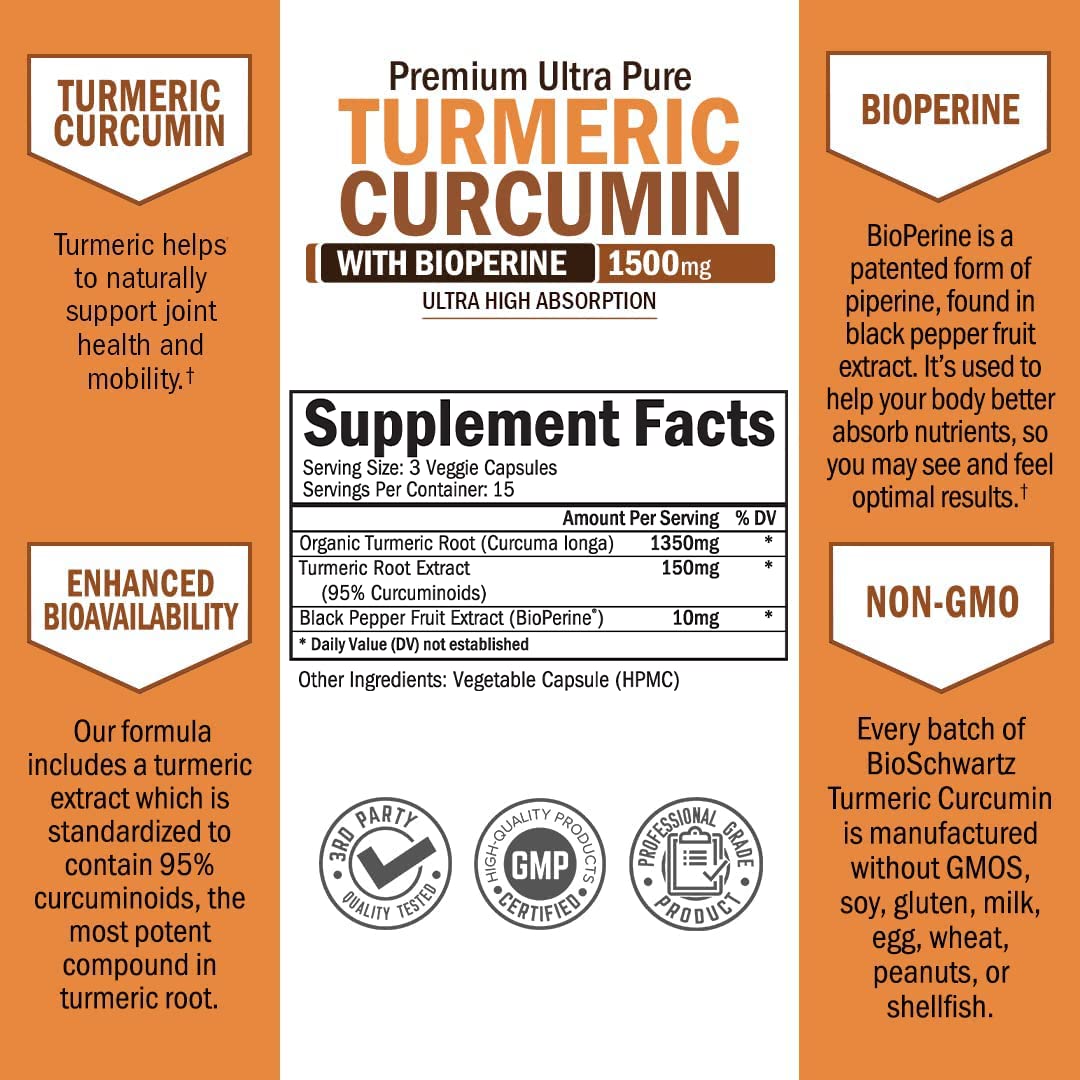 BioSchwartz Ashwagandha Capsules Plus Turmeric Curcumin with Black Pepper Extract 1500mg Complex, 165 Capsules