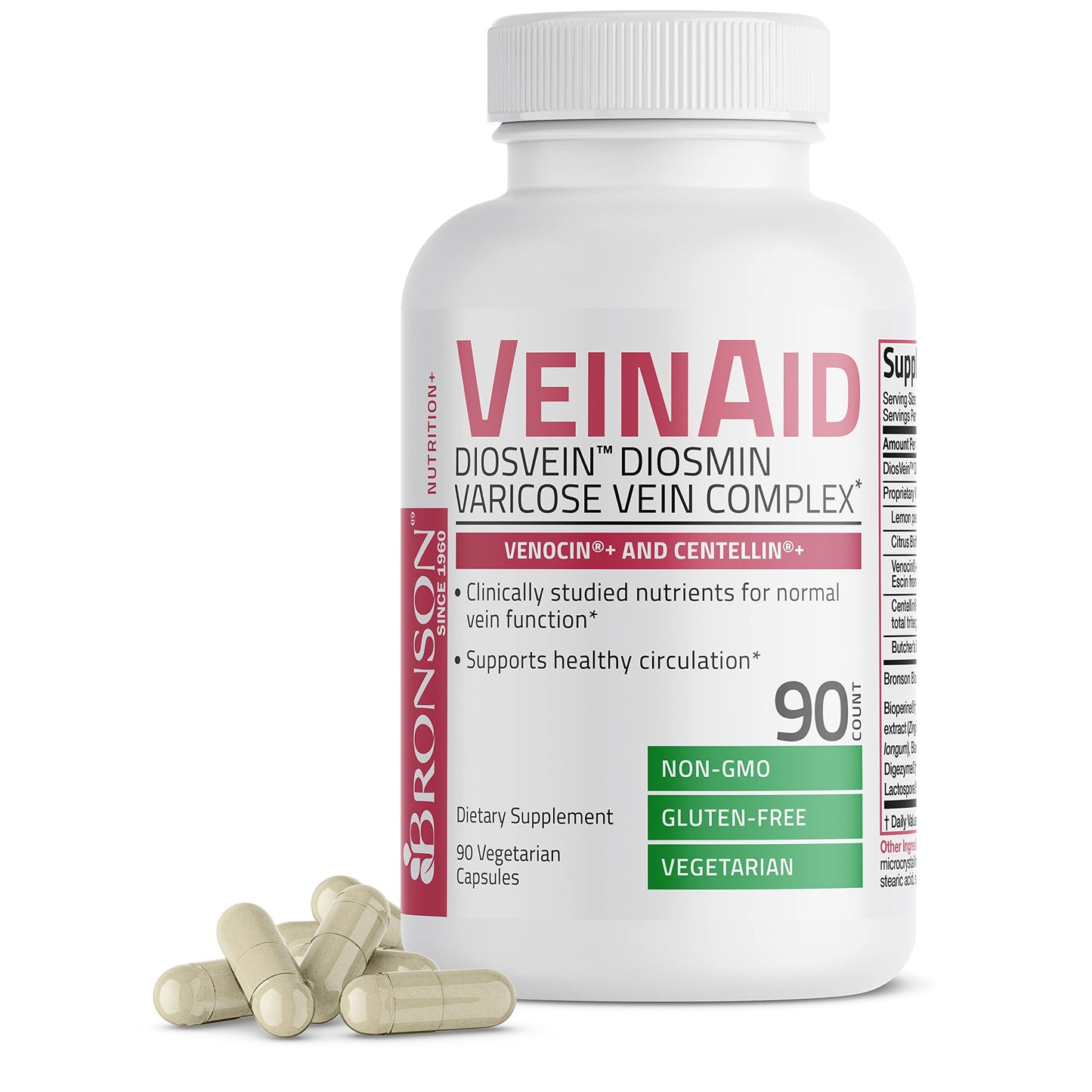 Bronson VeinAid Diosmin 1000mg DiosVein Varicose Vein Complex with Venocin & Centellin Capsules, 90