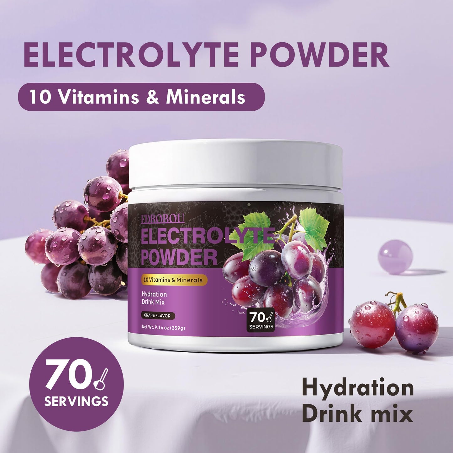 EDBOBOU Sugar Free Electrolyte Powder, Grape Flavor, 9.14 oz