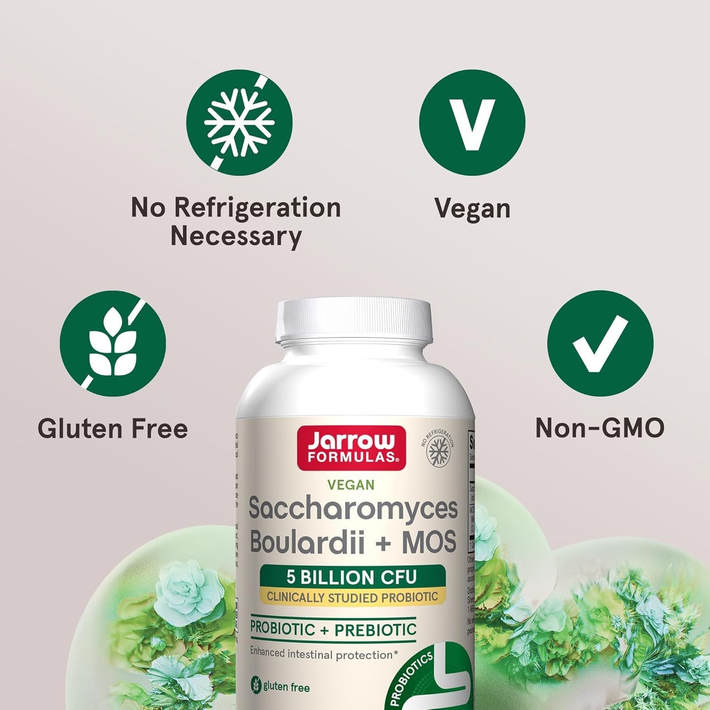 Jarrow Formulas Saccharomyces boulardii + MOS Probiotic + Prebiotic Delayed Release Veggie Capsules, 5 Billion Viable Organisms Per Serving, 180 Capsules