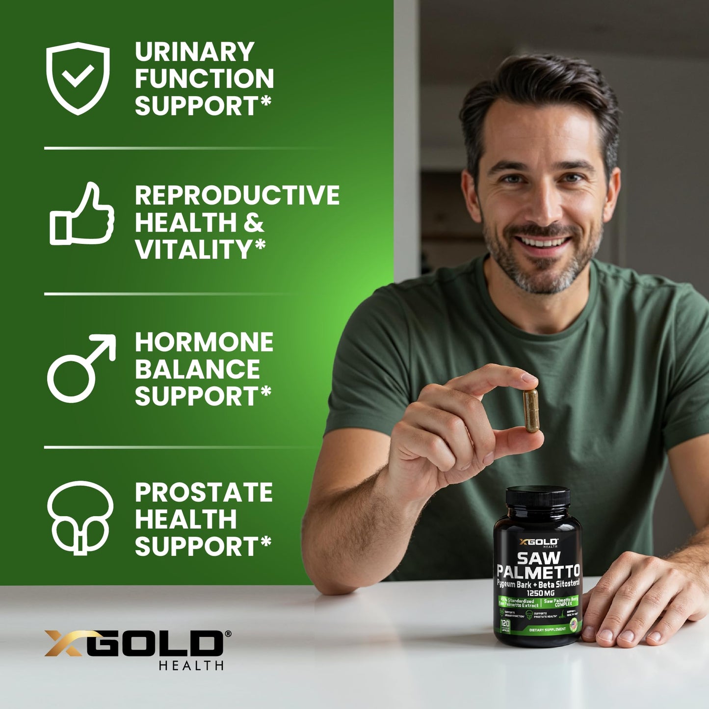 X Gold Health Saw Palmetto for Men 1250mg – Prostate Support with Beta Sitosterol & Pygeum Bark – Supports Urinary Flow & Bladder Control – DHT Blocker for Hair Loss 120 Capsules