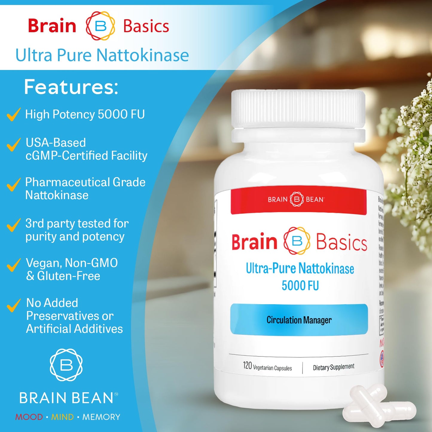 Brain Bean Brain Basic Ultra-Pure Nattokinase 5000 FU Capsule 120 Count