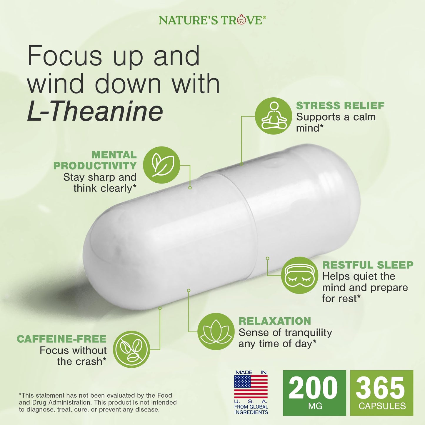 Nature's Trove L-Theanine 200mg Capsules 365