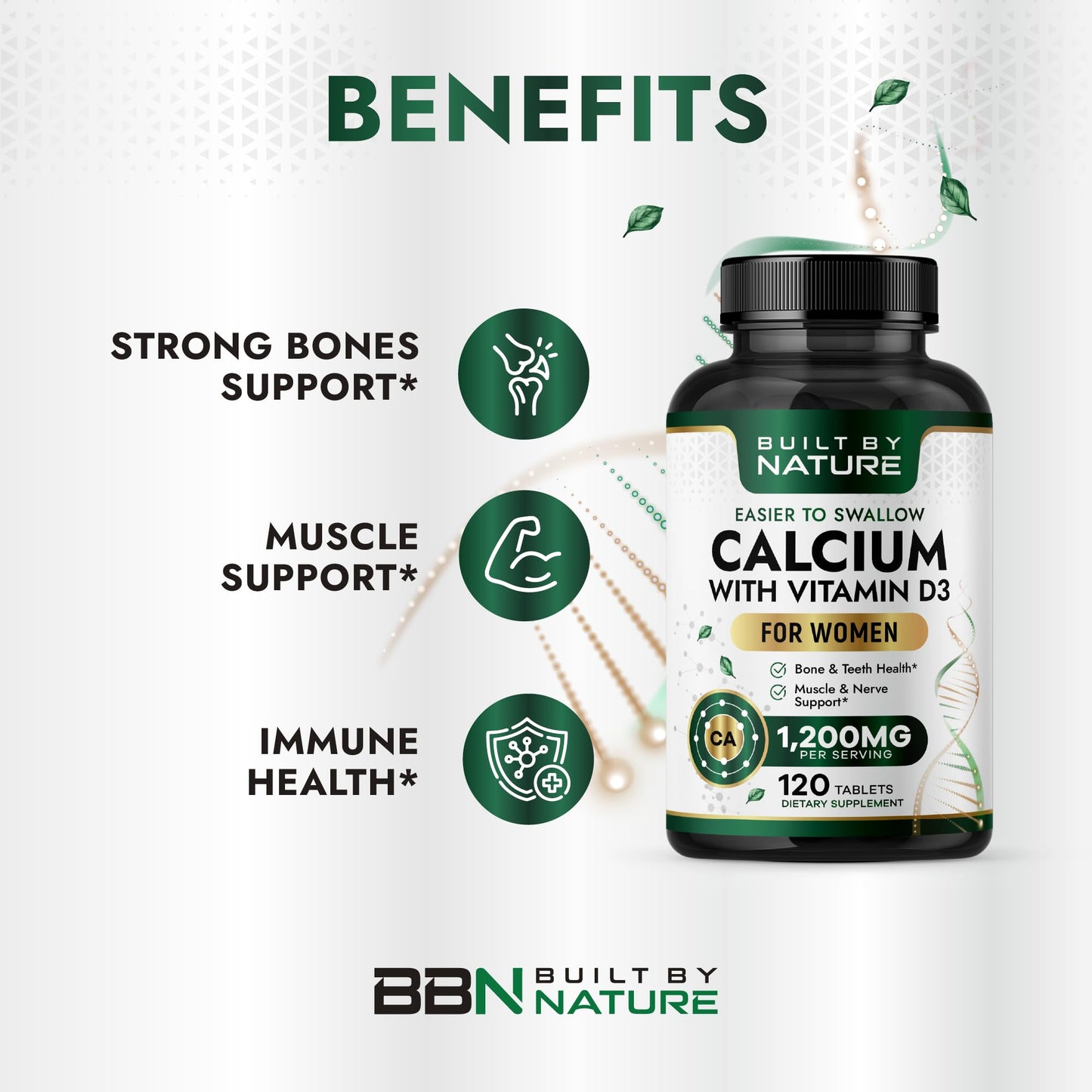 Built by Nature Calcium Supplement for Women 1200mg with Vitamin D3 Tablet, 120 Tablets