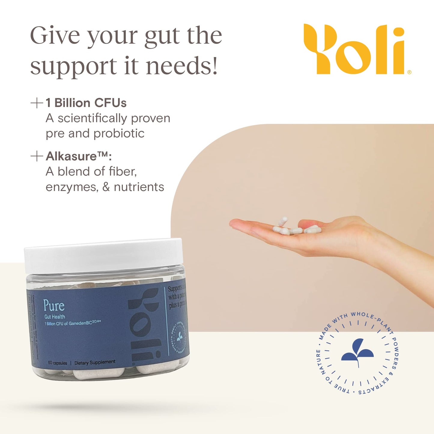 Yoli Pure Probiotics for Digestive Health, Men and Women, 1 Billion CFU 60 Capsules