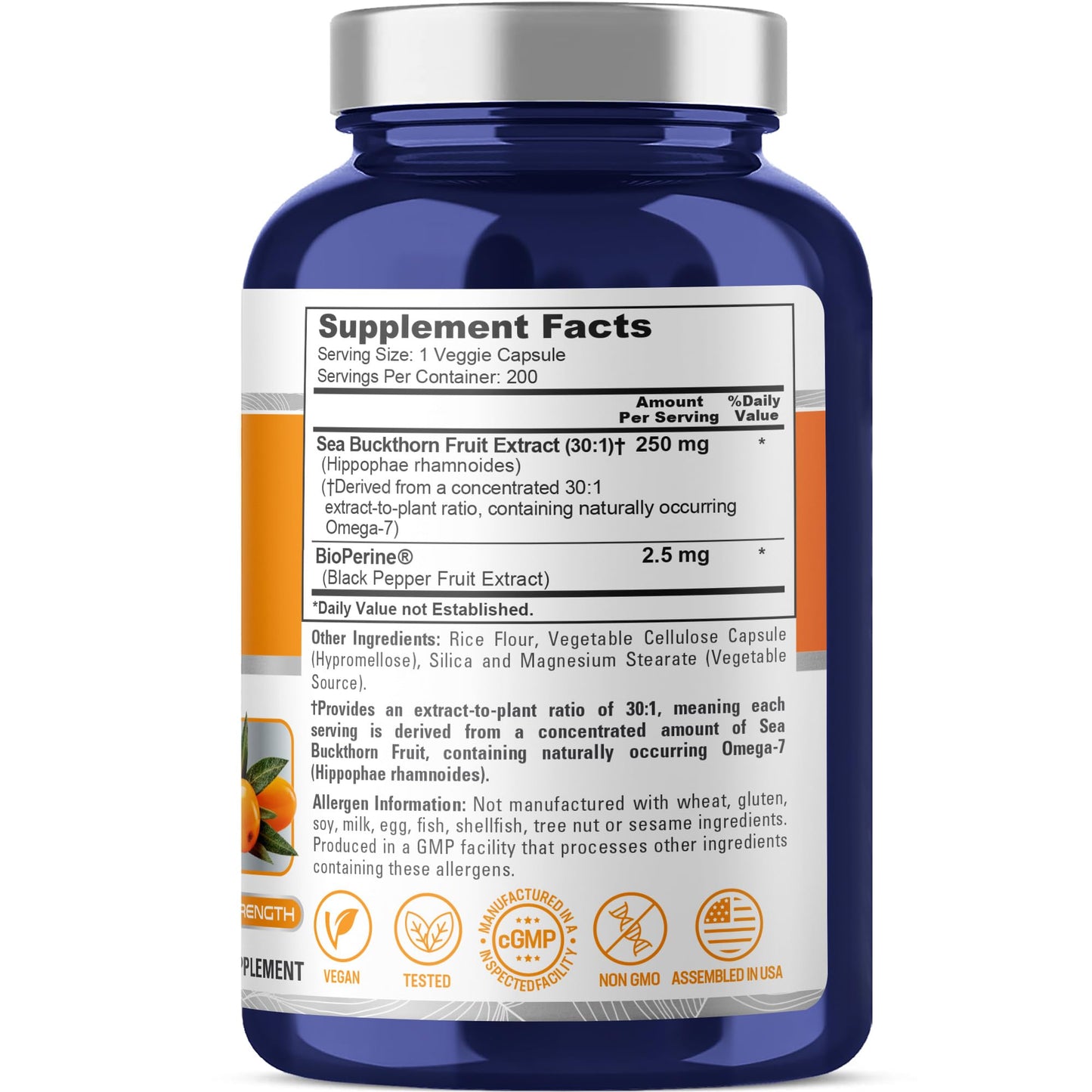 NusaPure Sea Buckthorn Omega-7 250 mg Capsules, 200 Count