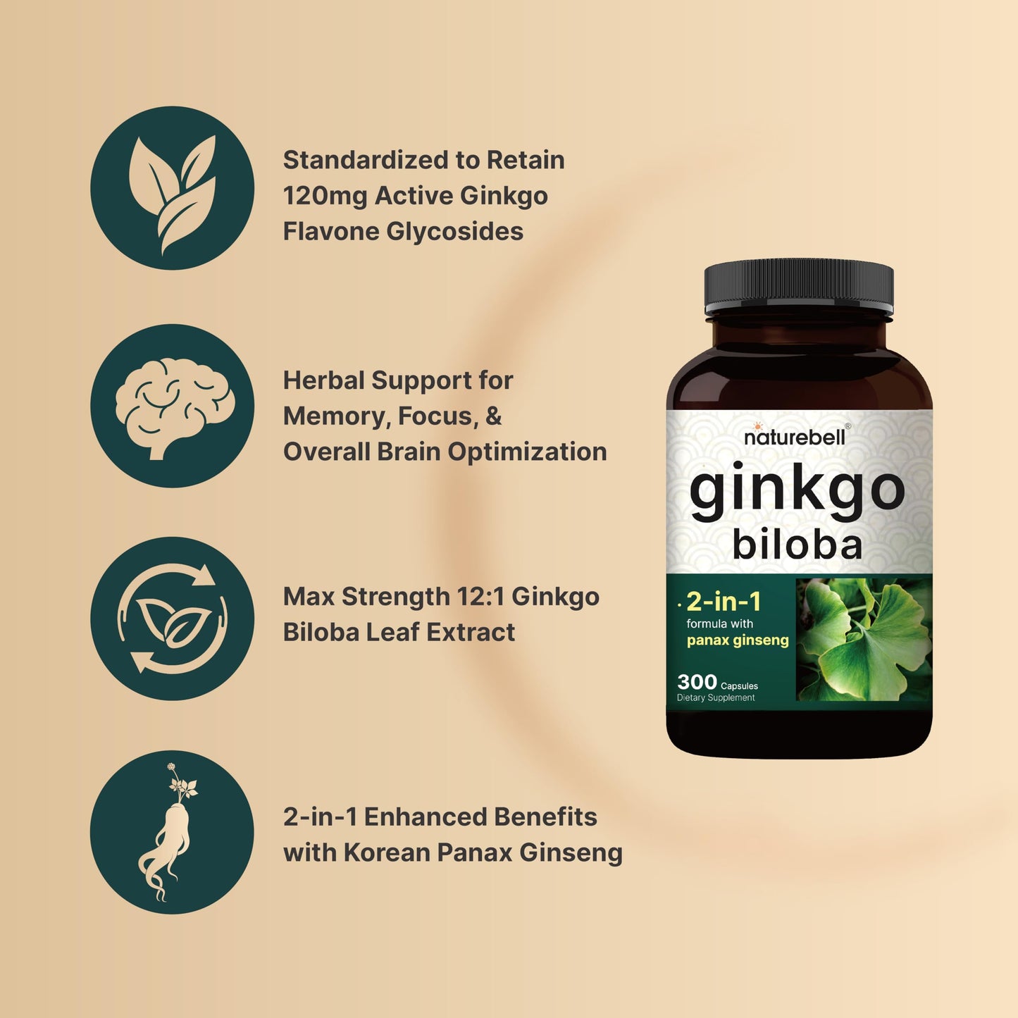 NatureBell Ginkgo Biloba with Panax Ginseng Capsules, 300 Count
