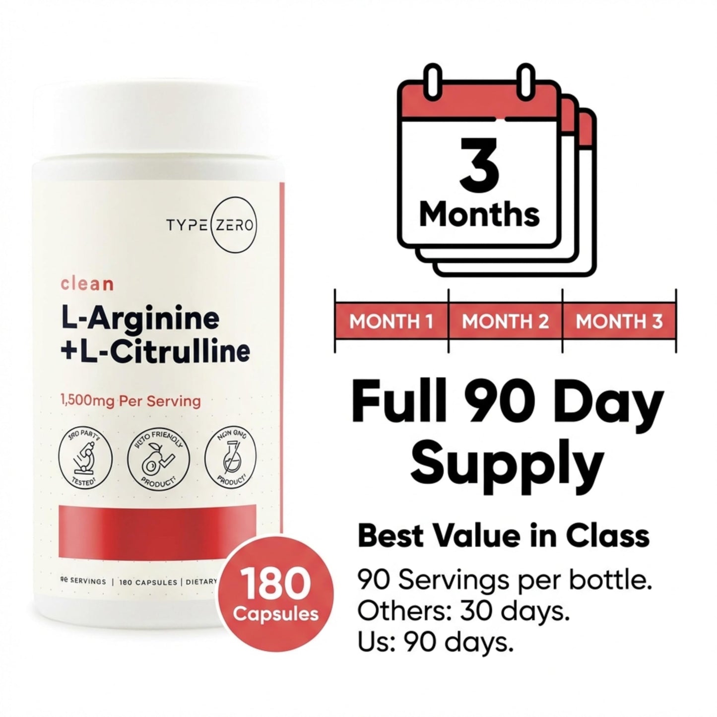 Type Zero L-Arginine + L-Citrulline Supplement (1500mg) - Nitric Oxide Booster - Clean, Keto-Friendly, GMO-Free Capsules, 180 Count