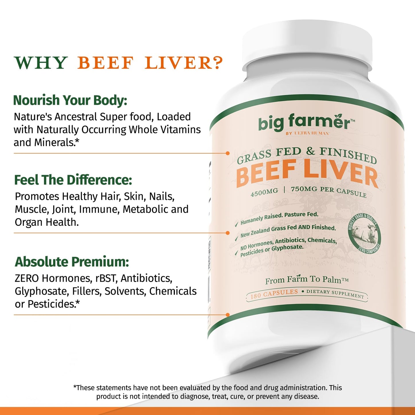 Ultra Human Big Farmer Grass-Fed & Finished Beef Liver Capsules, 180 Count