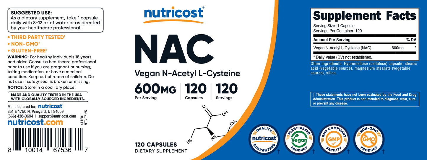 Nutricost N-Acetyl L-Cysteine (NAC) 600mg, 120 Capsules