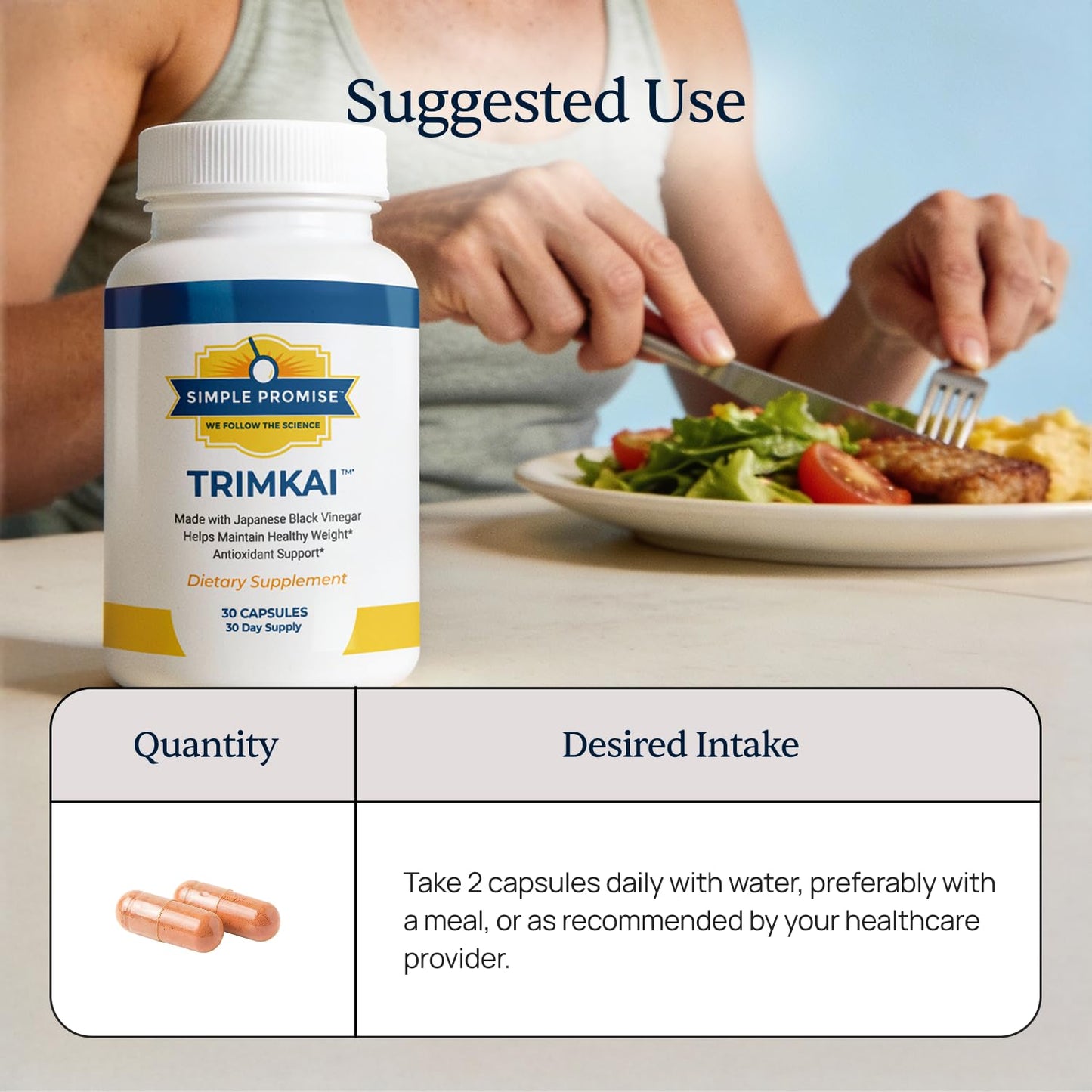 Simple Promise TrimKai Japanese Black Vinegar Capsules for Metabolism Support with Astaxanthin 12mg, Seaweed & Black Pepper Extract - Plant-Based Formula, 30 Capsules