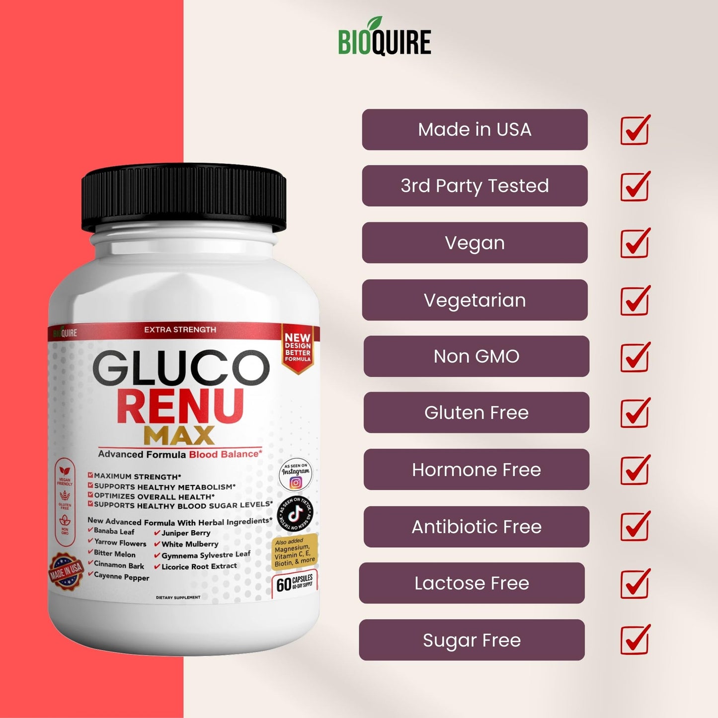 BIOQUIRE Gluco Rina Max Ultra Dietary Supplement Capsules, 60 Capsules