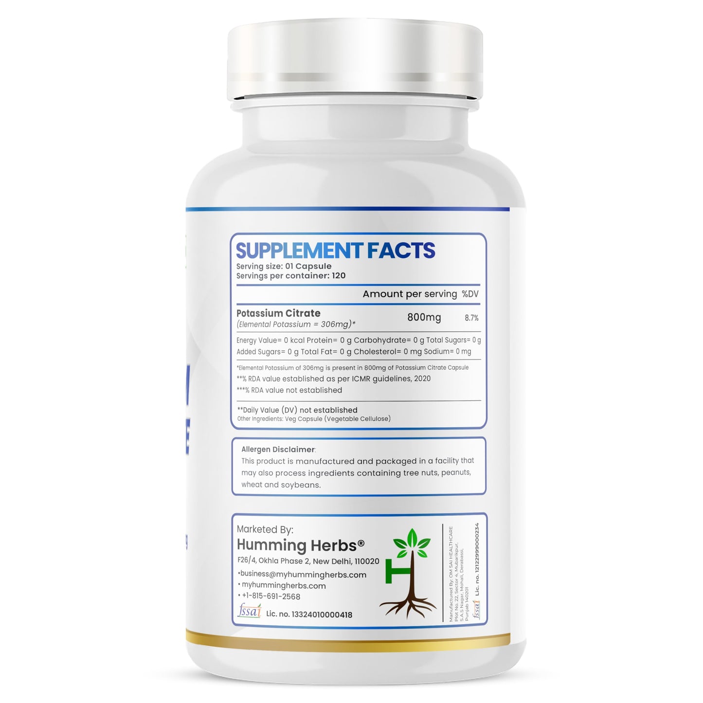 Humming Herbs Potassium Citrate 800 mg (306 mg Elemental Potassium) Capsules, 120 Count