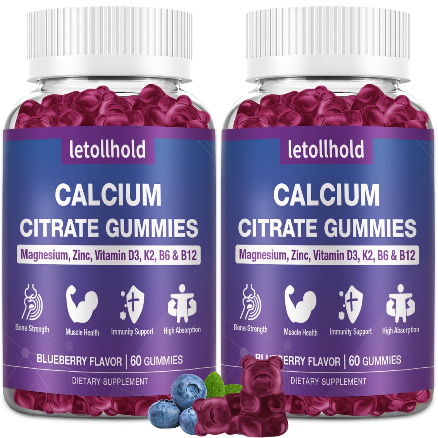 letollhold Calcium Citrate Gummies 1200mg with Magnesium, Zinc, Vitamin D3, K2, B6, B12 – High Absorption Calcium Supplement for Bone, Muscle, Joints, Immune Support, Blueberry Flavor, 120 Gummies