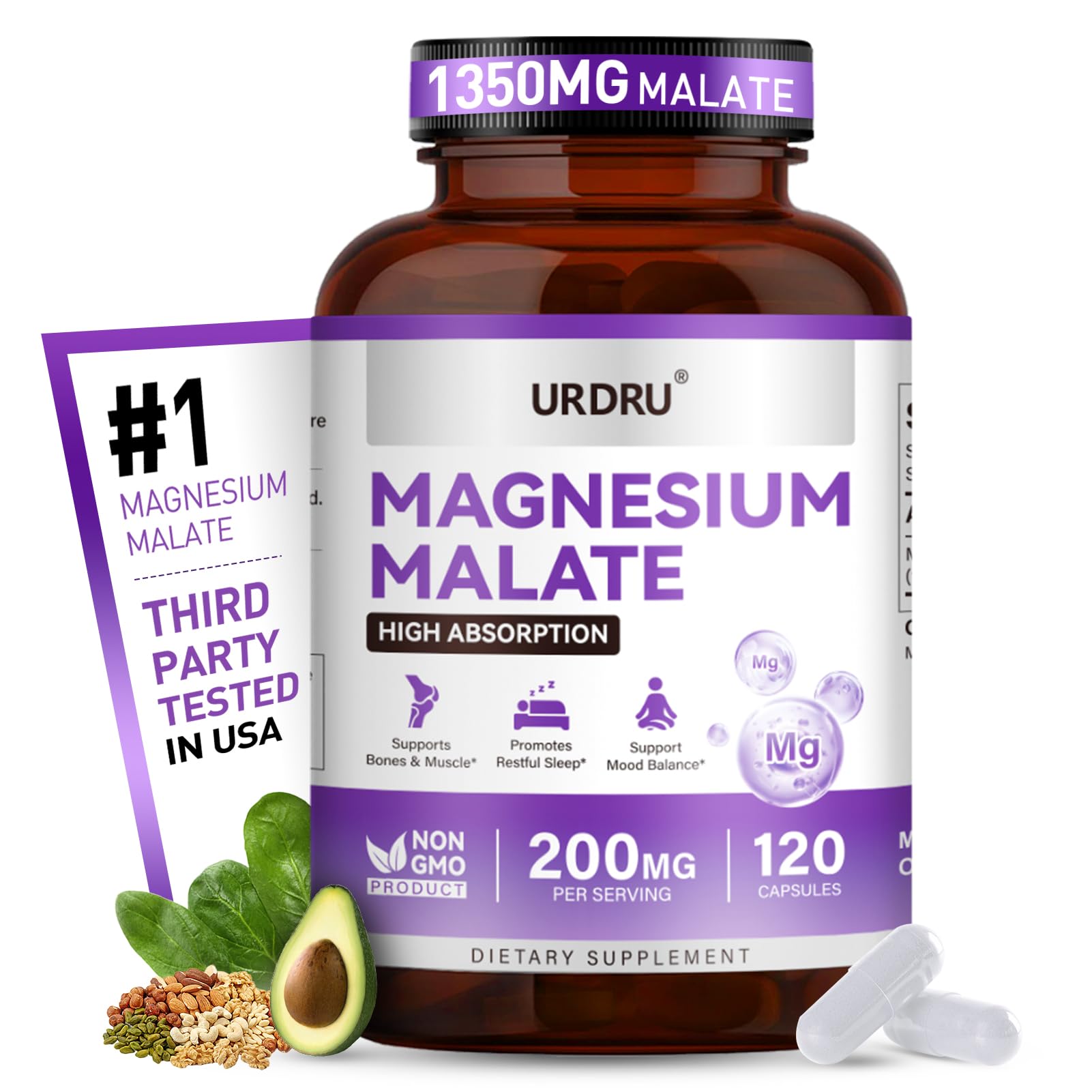 URDRU Magnesium Malate Capsule, 120 Capsules, 1350mg Magnesium Malate per Capsule (200mg Elemental Magnesium), Vegan, Non-GMO, Gluten-Free