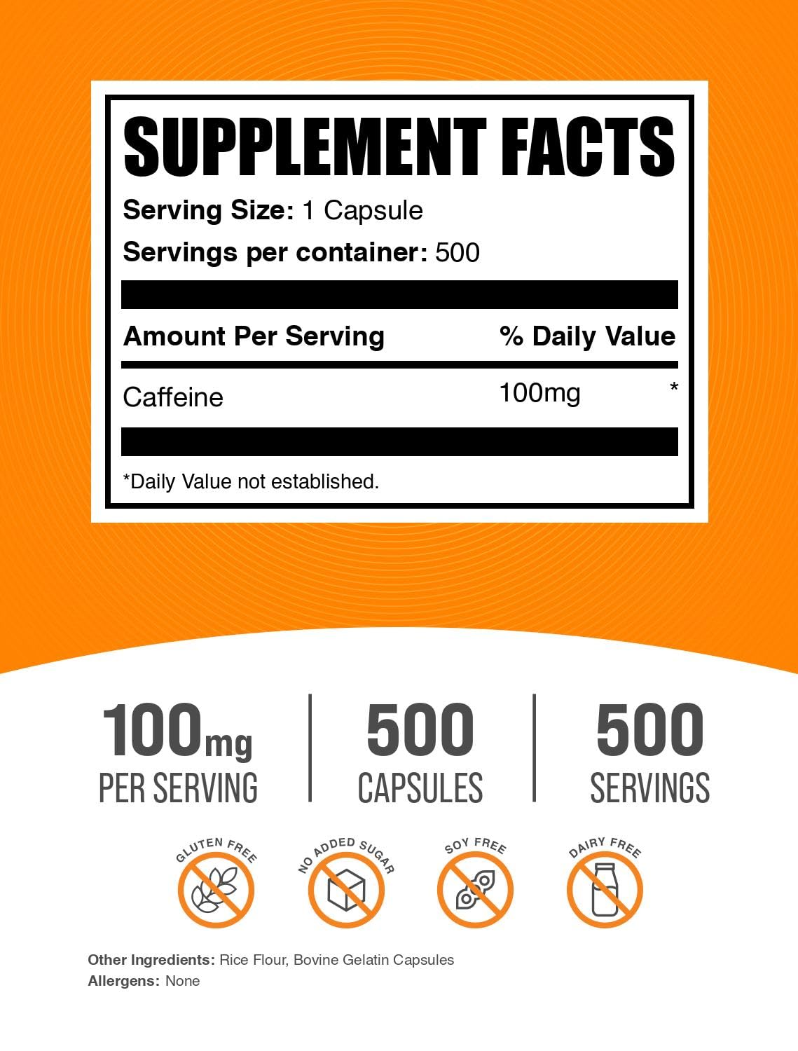 BulkSupplements Caffeine 100mg Capsules, 500 Count