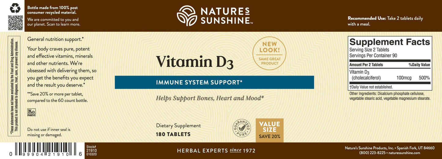 Nature's Sunshine Vitamin D3 Tablets 180