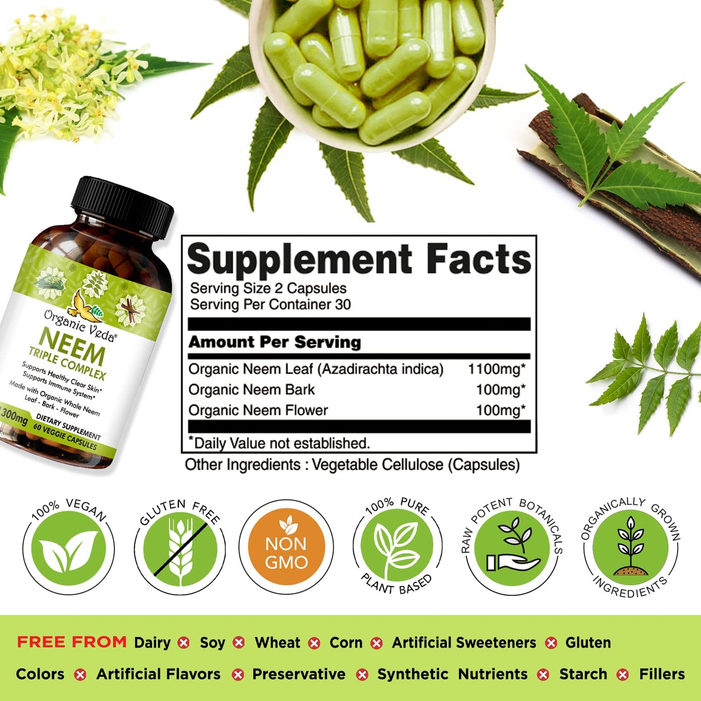 Organic Veda Neem Capsules with Triple Complex Neem Leaf Extract, Bark & Flower 60 Count