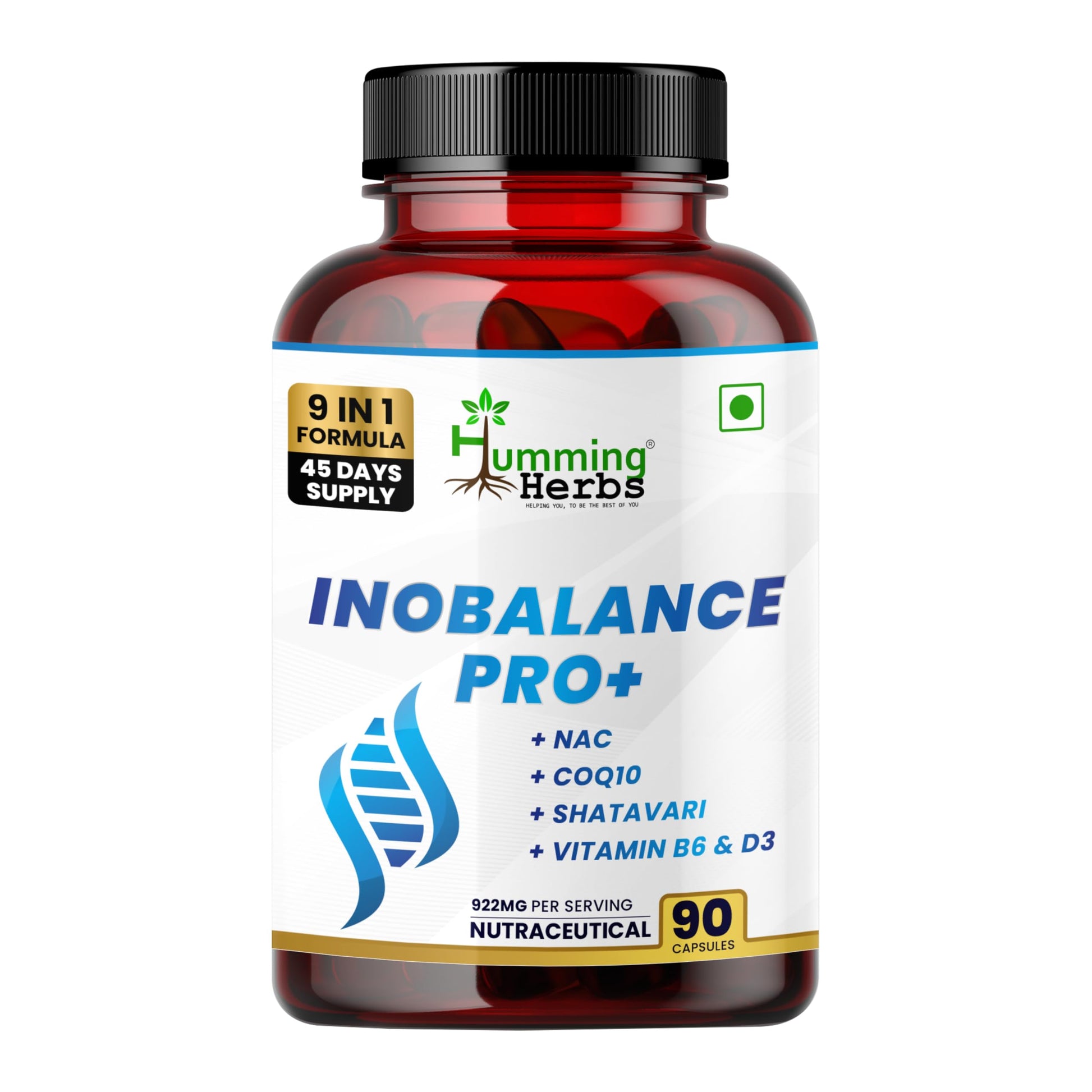 Humming Herbs INOBALANCE PRO+ Myo-Inositol with NAC, CoQ10, Shatavari, Zinc, Vitamin B6 & D3, 922 mg per Serving, 90 Capsules