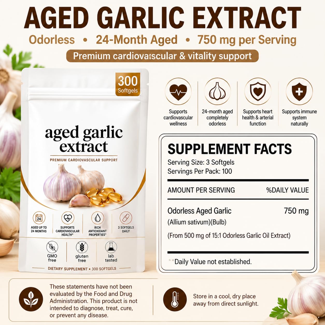 OIMTUE Velessa Aged Garlic Ethris Aged Garlic Extract Odorless Capsule 300 Count
