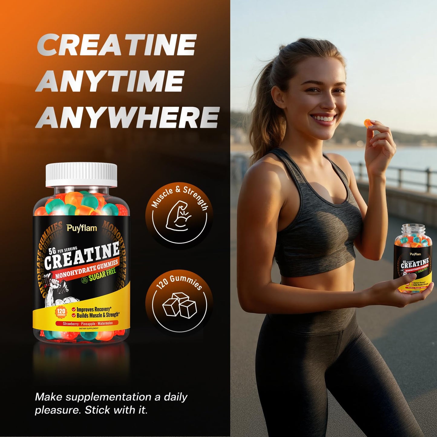 Puyflam Creatine Monohydrate Gummies Sugar Free, 120 Count