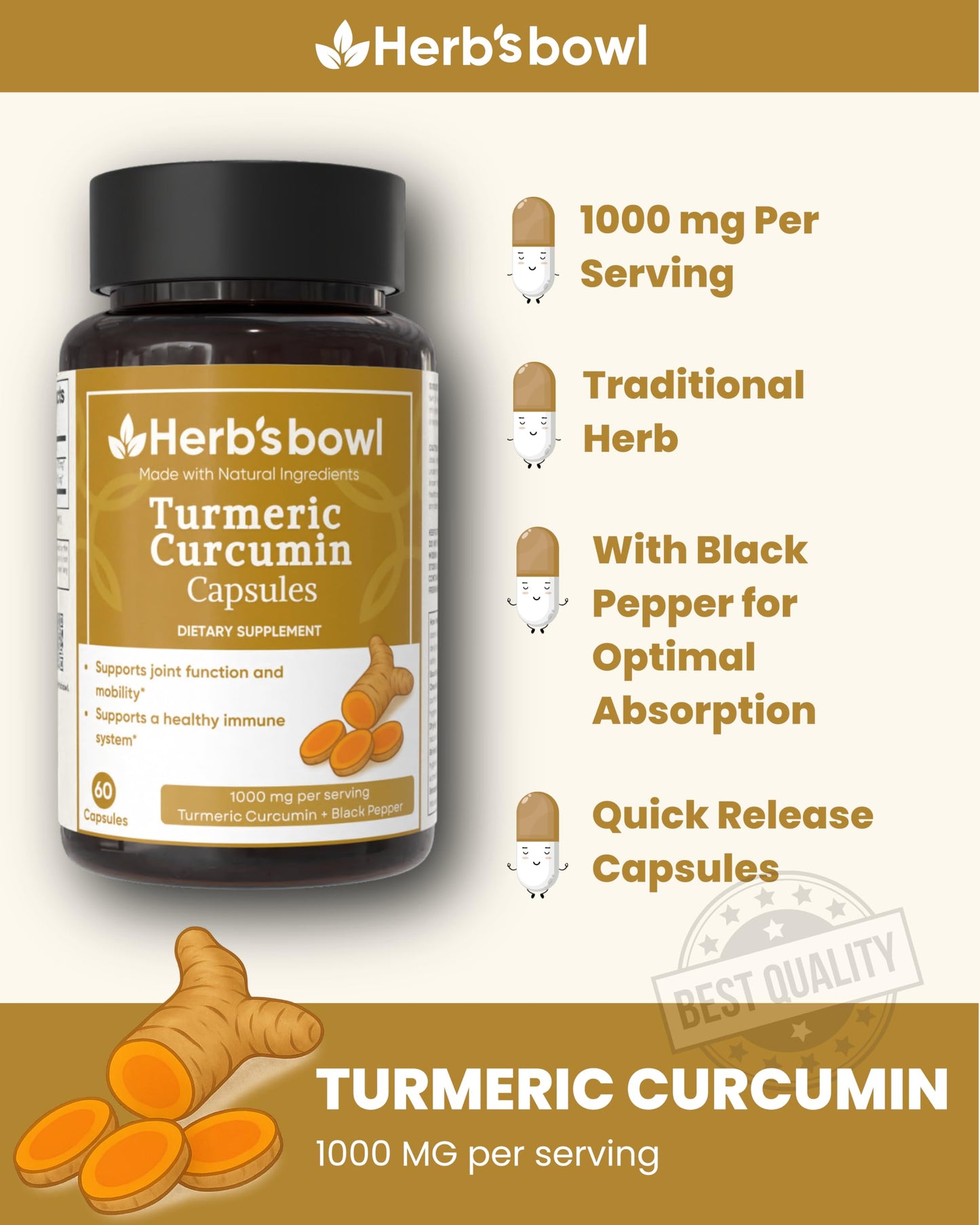 Herb'sbowl Turmeric Curcumin Capsules with Black Pepper 60 Count