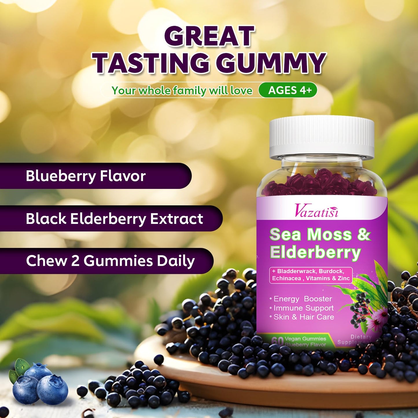 Vazatisi Elderberry Gummies with Sea Moss, Extra Strength Elderberry with Vitamin C, Zinc for Immune Support, Blueberry Flavor, 120 Gummies