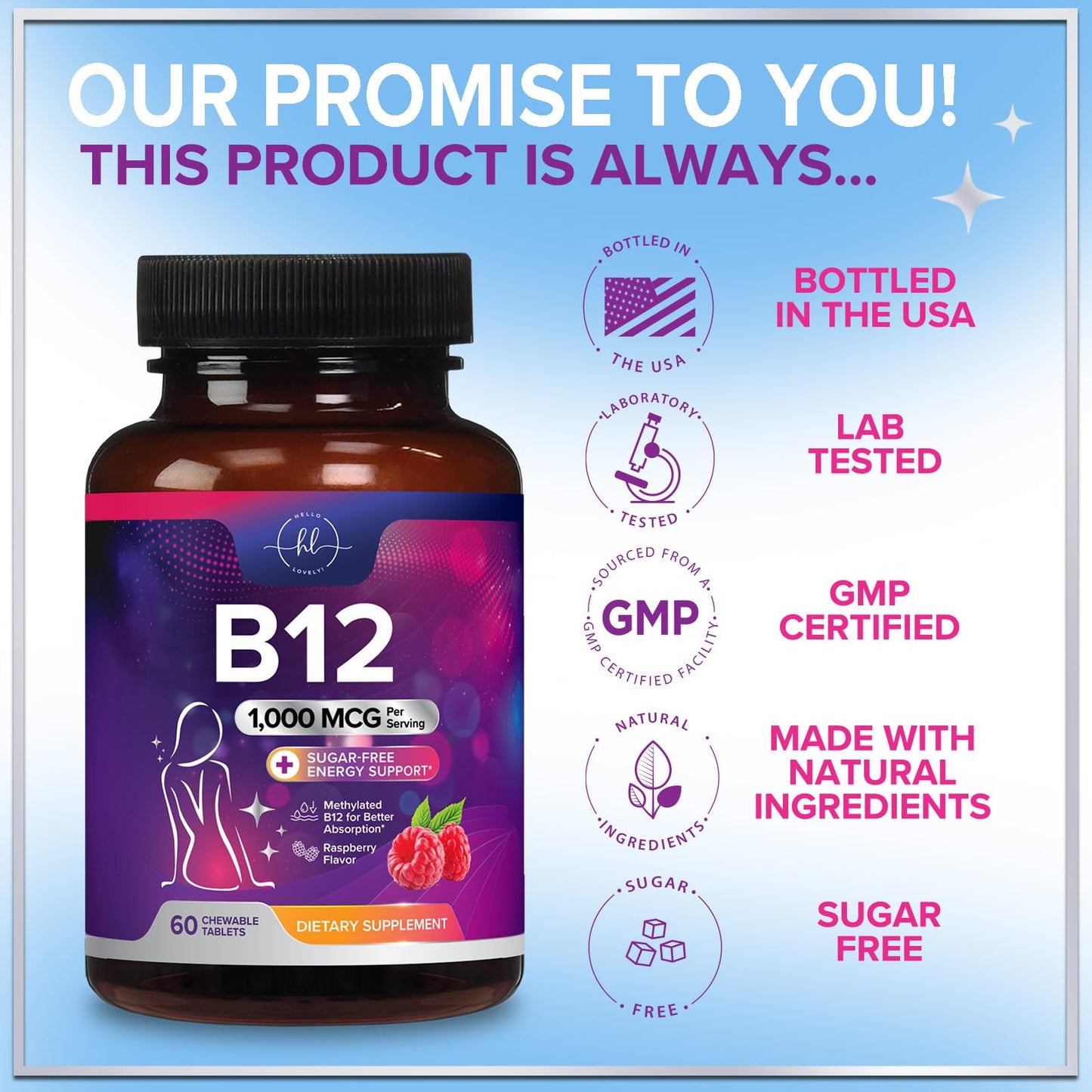 Hello Lovely! Vitamin B12 1000 mcg Chewables, 60 Count