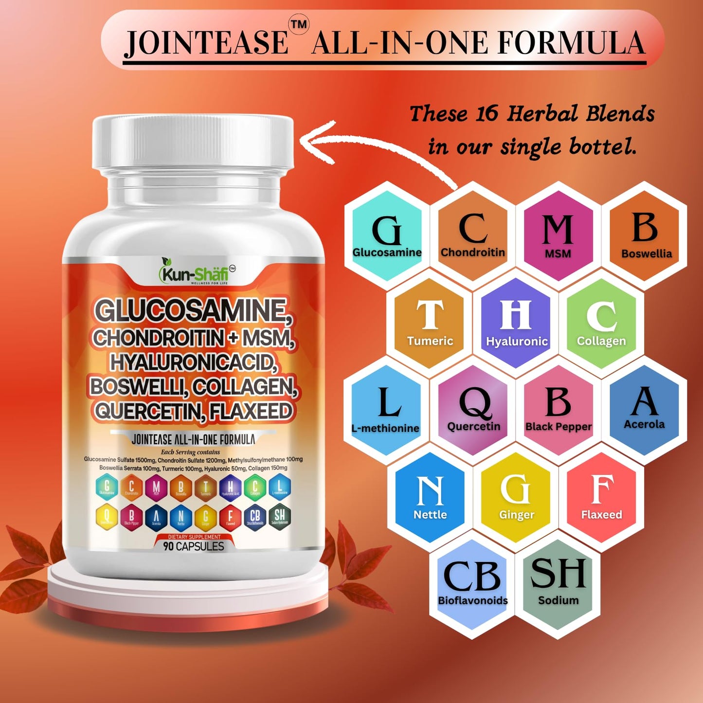 Kun Shafi Glucosamine Chondroitin MSM Supplement Capsules, 90 Count