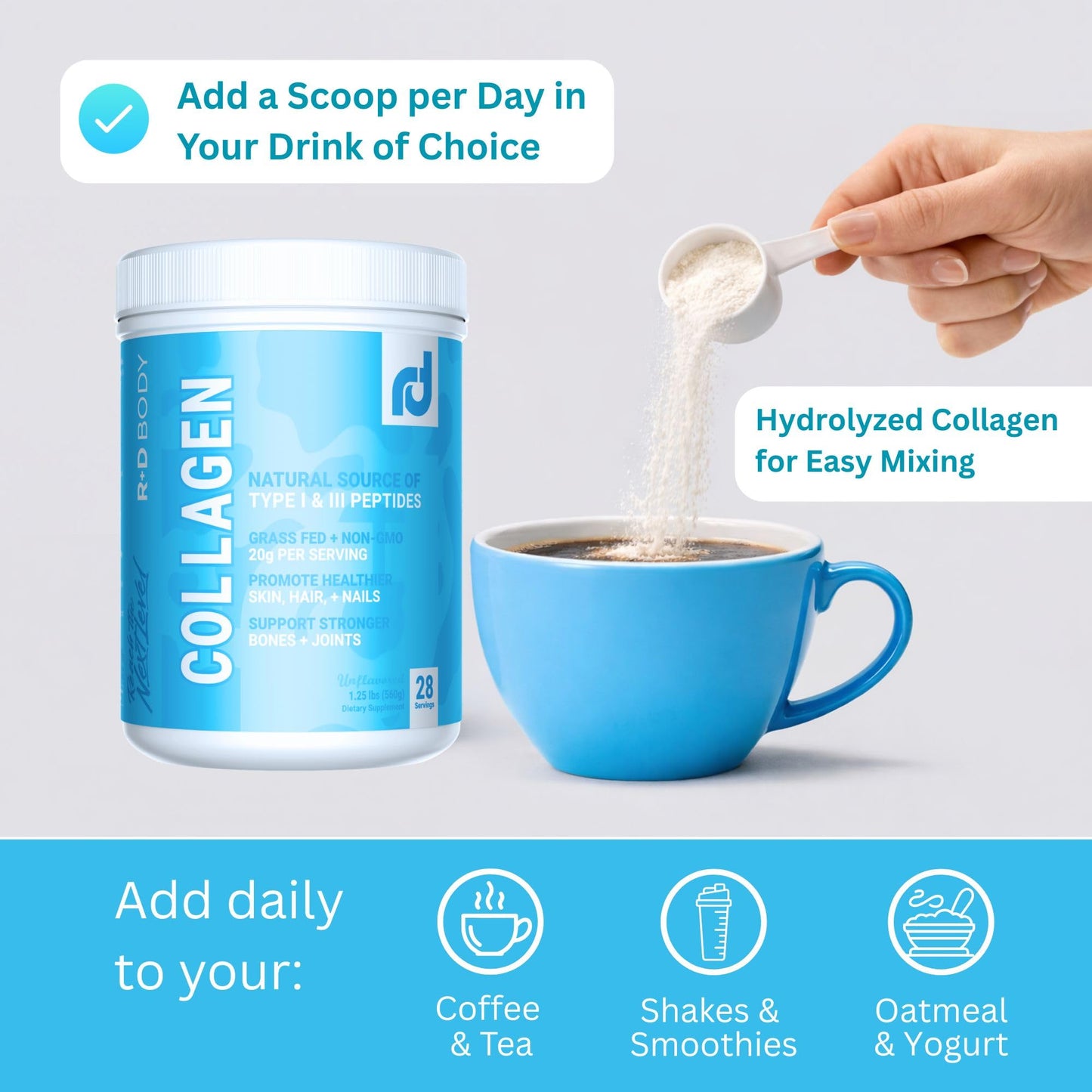 R+D Body Natural Hydrolyzed Collagen Peptides Powder - Grass-Fed Type I & III (20g per Serving) - Supports Skin, Hair, & Nails, Plus Joint & Bone Support - Unflavored - 19.7534 Servings