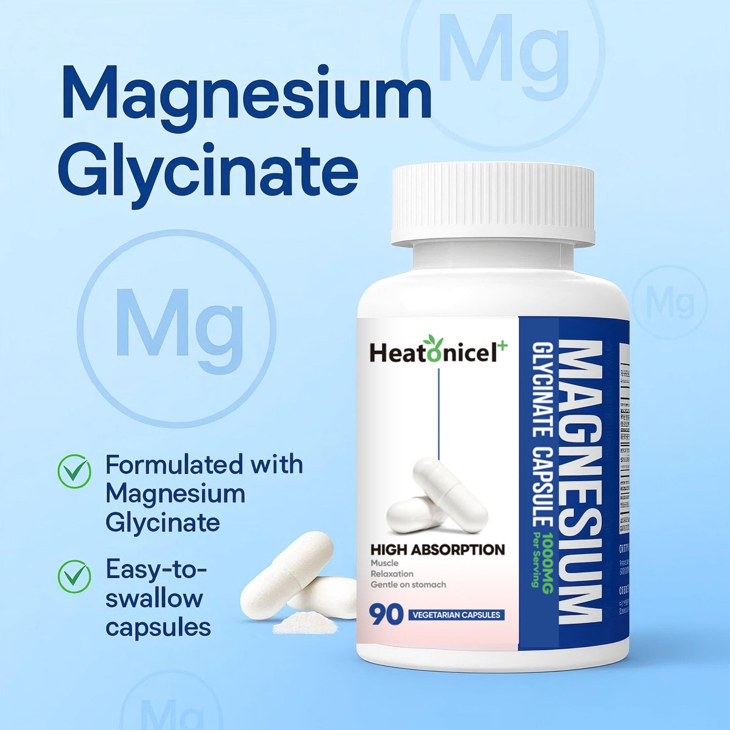 Heatonicel Magnesium Glycinate 400mg Capsules, Chelated Gentle Supplement for Stress Relief, Heart & Muscle Support, Non-GMO & Gluten Free, 90 Capsules